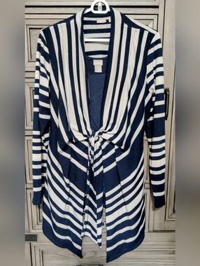 Chico's Navy & Cream Striped Tie-Front Cardigan And Tank Top